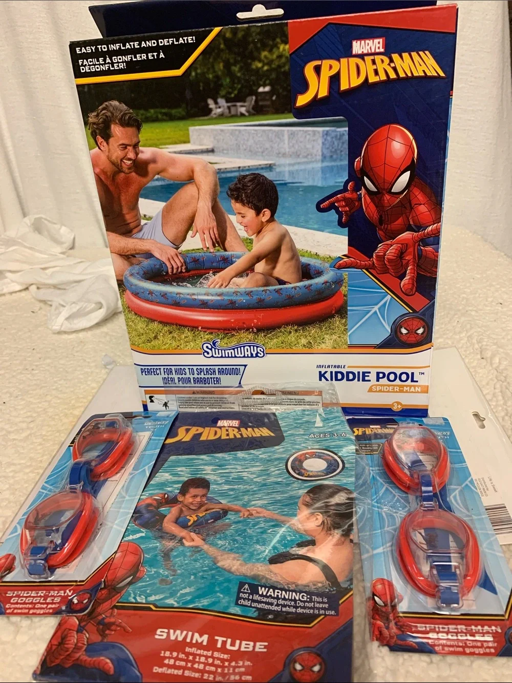 Spider-Man 4-Pc Swim Set NEW Kiddie Pool (2) Swim Goggles and matching Swim Tube